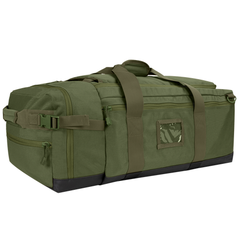 The Condor Colossus Duffle Bag 60L in Olive Drab features side pockets, handles, and a clear ID window, shown against a white background.