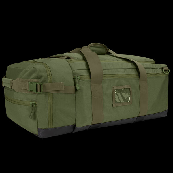 The Condor Colossus Duffle Bag 60L in Olive Drab features side pockets, handles, and a clear ID window, shown against a white background.