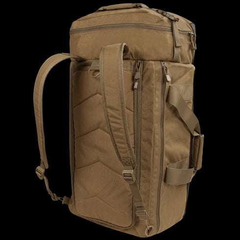 The Condor Colossus Duffle Bag 60L is a tan tactical bag for military and law enforcement, featuring padded shoulder straps, multiple zippered compartments, and side handles. Shown standing upright.