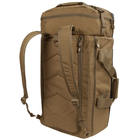 The Condor Colossus Duffle Bag 60L is a tan tactical bag for military and law enforcement, featuring padded shoulder straps, multiple zippered compartments, and side handles. Shown standing upright.