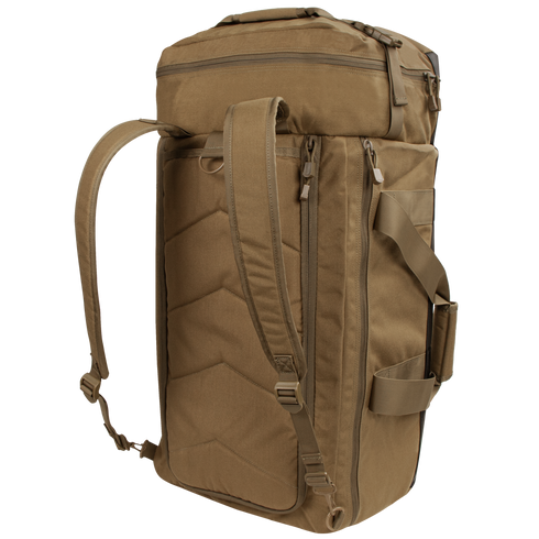 The Condor Colossus Duffle Bag 60L is a tan tactical bag for military and law enforcement, featuring padded shoulder straps, multiple zippered compartments, and side handles. Shown standing upright.