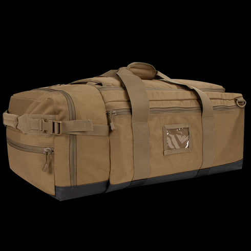 The Condor Colossus Duffle Bag 60L is a large tan tactical bag featuring multiple zippered compartments, carrying handles, and a small transparent ID window on the side.