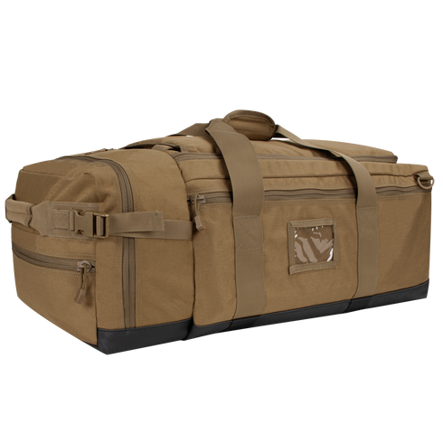 The Condor Colossus Duffle Bag 60L is a large tan tactical bag featuring multiple zippered compartments, carrying handles, and a small transparent ID window on the side.
