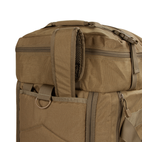 Close-up of the Condor Colossus Duffle Bag 60L in brown, featuring a top handle, zipper, and a metal D-ring on a fabric loop—perfect for first responders or law enforcement.