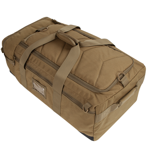 The Condor Colossus Duffle Bag 60L in tan is shown on a white background, featuring multiple zippered compartments, carrying handles, and shoulder straps.