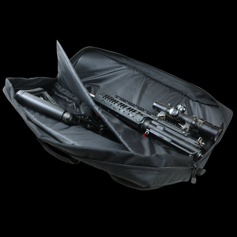 The Condor 25 Transporter Case in black is shown partially unzipped, revealing a disassembled rifle with scope and suppressor—perfect for range trips or first responders needing secure, organized firearm transport.