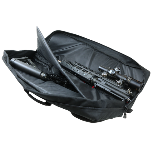 The Condor 25 Transporter Case in black is shown partially unzipped, revealing a disassembled rifle with scope and suppressor—perfect for range trips or first responders needing secure, organized firearm transport.