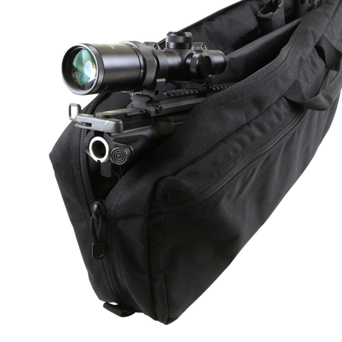 A Condor 25" Transporter Case in black holds a rifle with a scope and bipod, partially visible inside the zippered case, set against a white background.