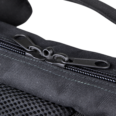 Close-up of the Condor 25 Transporter Case in black fabric, designed for shooting range or military use, featuring two zipper pulls meeting at the center of a closed zipper.