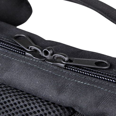 Close-up of the Condor 25" Transporter Case in black, highlighting two closed zippers with black metal pulls and a mesh pocket beneath them.