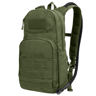 The Condor Fuel Hydration Backpack 18L (SALE) features two zippered compartments, front MOLLE webbing, padded shoulder straps, and an attached hydration hose in green.