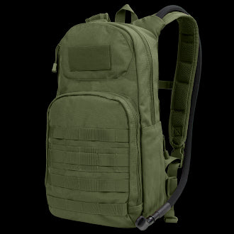 The Condor Fuel Hydration Backpack 18L (SALE) features two zippered compartments, front MOLLE webbing, padded shoulder straps, and an attached hydration hose in green.