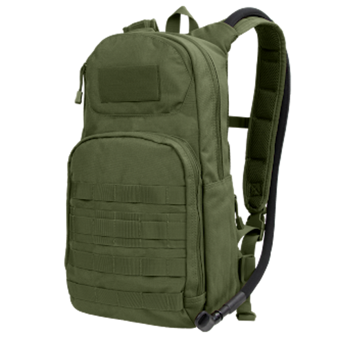 The Condor Fuel Hydration Backpack 18L (SALE) features two zippered compartments, front MOLLE webbing, padded shoulder straps, and an attached hydration hose in green.
