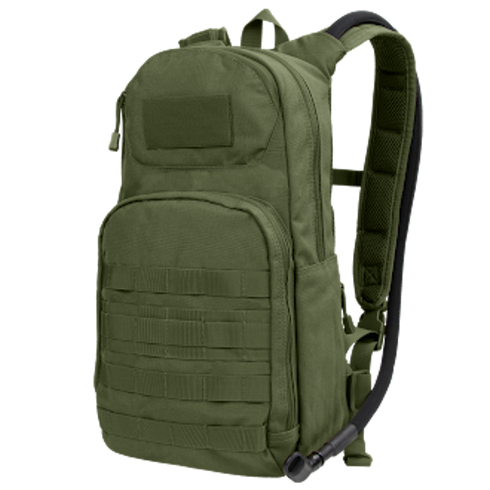 The Condor Fuel Hydration Backpack 18L (SALE) features two zippered compartments, front MOLLE webbing, padded shoulder straps, and an attached hydration hose in green.