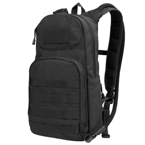 The Condor Fuel Hydration Backpack 18L in black features multiple compartments, front webbing, and padded shoulder straps. Shown at a three-quarter angle. Compatible with the Condor 3L Torrent Hydration Bladder.