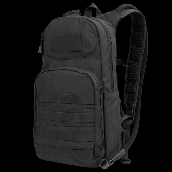 The Condor Fuel Hydration Backpack 18L in black features multiple compartments, front webbing, and padded shoulder straps. Shown at a three-quarter angle. Compatible with the Condor 3L Torrent Hydration Bladder.
