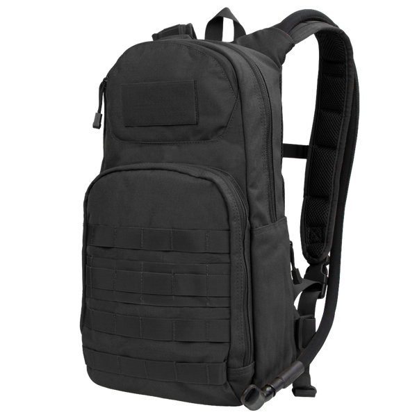 The Condor Fuel Hydration Backpack 18L in black features multiple compartments, front webbing, and padded shoulder straps. Shown at a three-quarter angle. Compatible with the Condor 3L Torrent Hydration Bladder.