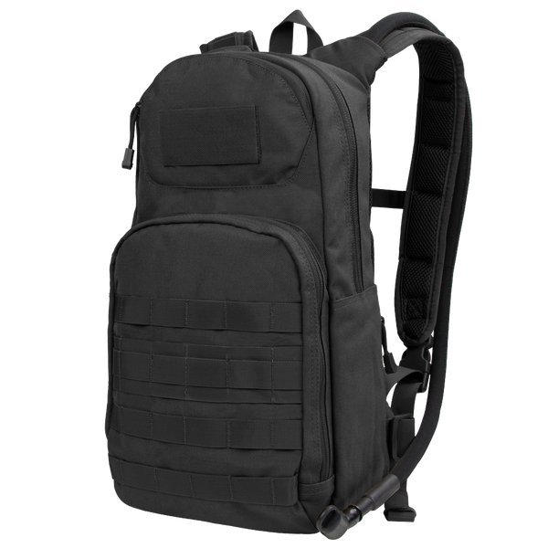 The Condor Fuel Hydration Backpack 18L in black features multiple compartments, front webbing, and padded shoulder straps. Shown at a three-quarter angle. Compatible with the Condor 3L Torrent Hydration Bladder.