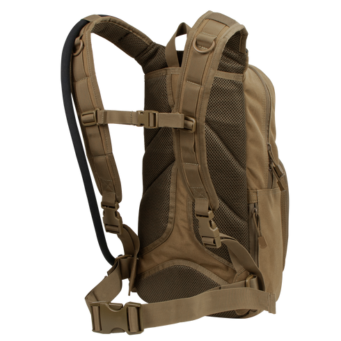 The Condor Fuel Hydration Backpack 18L in tan is shown from the back, featuring padded shoulder straps, mesh back panel, adjustable sternum strap, and waist belt. Compatible with Condor 3L Torrent Hydration Bladder for hydration on the go.
