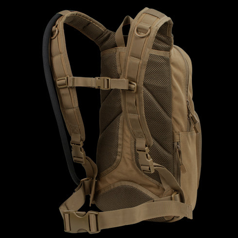 The Condor Fuel Hydration Backpack 18L in tan is shown from the back, featuring padded shoulder straps, mesh back panel, adjustable sternum strap, and waist belt. Compatible with Condor 3L Torrent Hydration Bladder for hydration on the go.