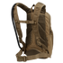 The Condor Fuel Hydration Backpack 18L in tan is shown from the back, featuring padded shoulder straps, mesh back panel, adjustable sternum strap, and waist belt. Compatible with Condor 3L Torrent Hydration Bladder for hydration on the go.