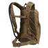 The Condor Fuel Hydration Backpack 18L in tan is shown from the back, featuring padded shoulder straps, mesh back panel, adjustable sternum strap, and waist belt. Compatible with Condor 3L Torrent Hydration Bladder for hydration on the go.
