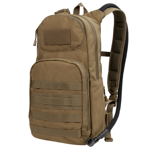 The Condor Fuel Hydration Backpack 18L in Coyote Brown features multiple zippered compartments, front MOLLE webbing, padded shoulder straps, and is compatible with the Condor 3L Torrent Hydration Bladder.