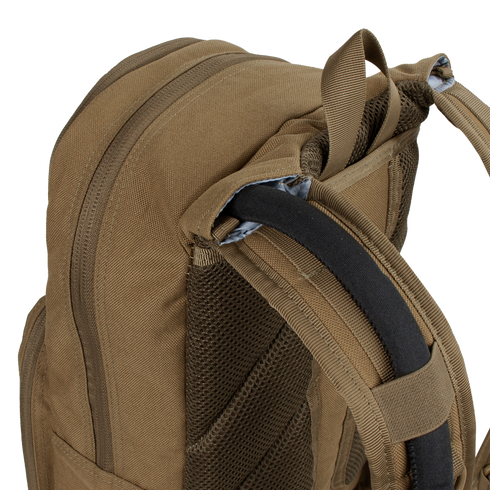 Close-up of the Condor Fuel Hydration Backpack 18L in brown, featuring a padded shoulder strap, mesh back panel, and efficient gear organization.