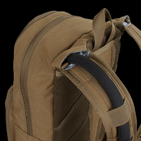 Close-up of the Condor Fuel Hydration Backpack 18L in brown, featuring a padded shoulder strap, mesh back panel, and efficient gear organization.