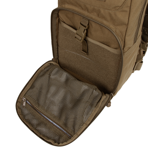 The Condor Fuel Hydration Backpack 18L in brown features an open front pocket with an interior mesh zippered compartment for gear organization and an external buckle closure.