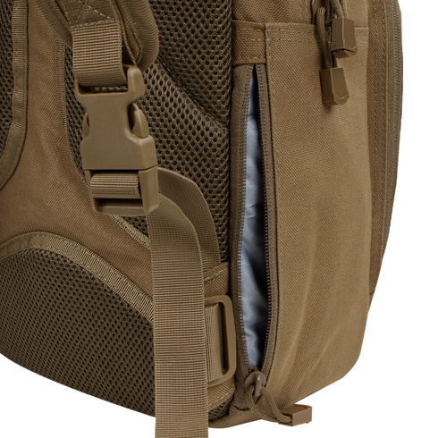 Close-up of the Condor Fuel Hydration Backpack 18L in brown, featuring a side zipper pocket for gear, mesh padding, and an adjustable strap with plastic buckle for comfort.