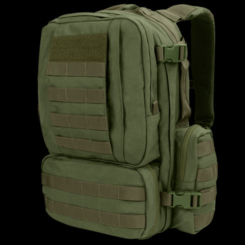 The Condor Convoy Backpack 22L in Olive Drab, shown at a three-quarter angle, features multiple zippered compartments and MOLLE webbing on the front and sides.