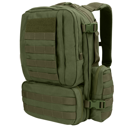 The Condor Convoy Backpack 22L in Olive Drab, shown at a three-quarter angle, features multiple zippered compartments and MOLLE webbing on the front and sides.