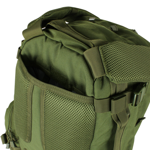 Close-up of the Condor Convoy Backpack 22L in Scorpion OCP, featuring mesh side pockets, zippered compartments, durable fabric, and reinforced stitching—perfect for EDC or bushcraft.