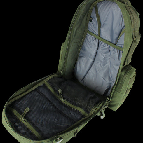 The Condor Convoy Backpack 22L in Scorpion OCP is shown fully unzipped, revealing a spacious main compartment with internal mesh and fabric pockets—perfect for EDC or organizing shooting range essentials.