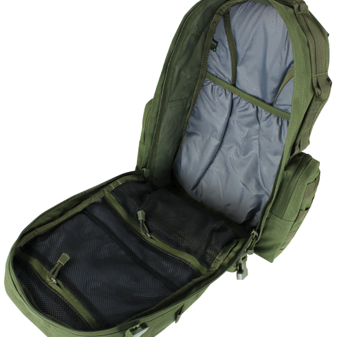 The Condor Convoy Backpack 22L in Scorpion OCP is shown fully unzipped, revealing a spacious main compartment with internal mesh and fabric pockets—perfect for EDC or organizing shooting range essentials.