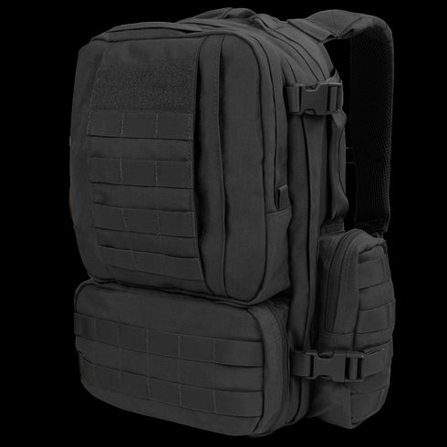 The Condor Convoy Backpack 22L is a black tactical pack with multiple zippered compartments, MOLLE webbing, compression straps, and padded shoulder straps—ideal for the range or bushcraft adventures.