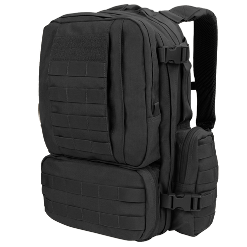 The Condor Convoy Backpack 22L is a black tactical pack with multiple zippered compartments, MOLLE webbing, compression straps, and padded shoulder straps—ideal for the range or bushcraft adventures.