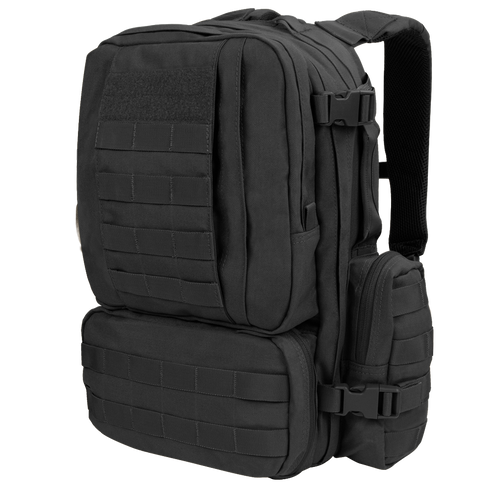 The Condor Convoy Backpack 22L is a black tactical pack with multiple zippered compartments, MOLLE webbing, compression straps, and padded shoulder straps—ideal for the range or bushcraft adventures.