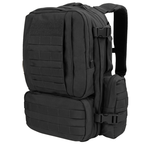 The Condor Convoy Backpack 22L is a black tactical pack with multiple zippered compartments, MOLLE webbing, compression straps, and padded shoulder straps—ideal for the range or bushcraft adventures.