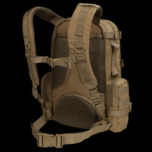 The Condor Convoy Backpack 22L is a tan tactical EDC pack with padded shoulder straps, mesh back panel, side pockets, and adjustable waist and chest straps.