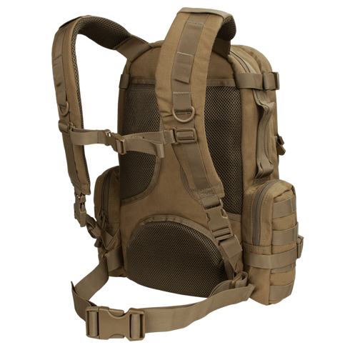 The Condor Convoy Backpack 22L is a tan tactical EDC pack with padded shoulder straps, mesh back panel, side pockets, and adjustable waist and chest straps.