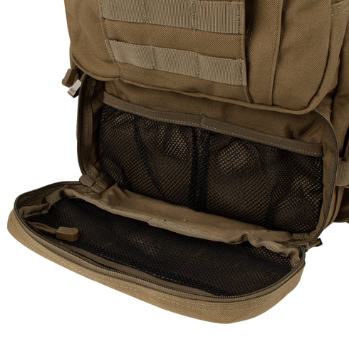 The Condor Convoy Backpack 22L in brown features a front flap with mesh pocket compartments, durable nylon construction, a visible zipper, and is ideal for EDC use.