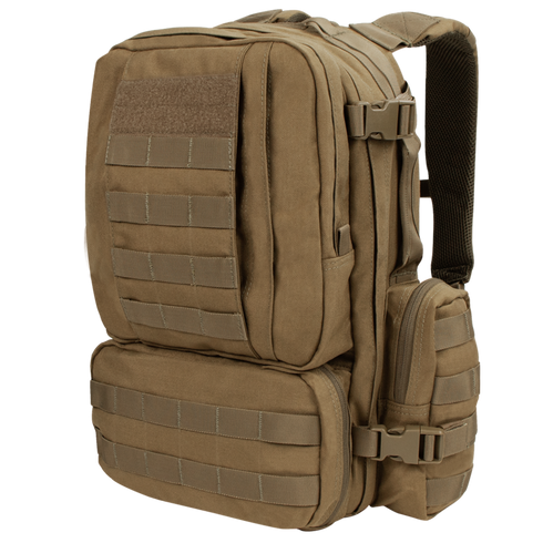 The Condor Convoy Backpack 22L is a tan tactical pack featuring multiple zippered compartments, MOLLE webbing, adjustable and padded shoulder straps—perfect for law enforcement or shooting range use—shown on a white background.