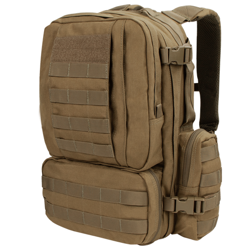 The Condor Convoy Backpack 22L is a tan tactical pack featuring multiple zippered compartments, MOLLE webbing, adjustable and padded shoulder straps—perfect for law enforcement or shooting range use—shown on a white background.