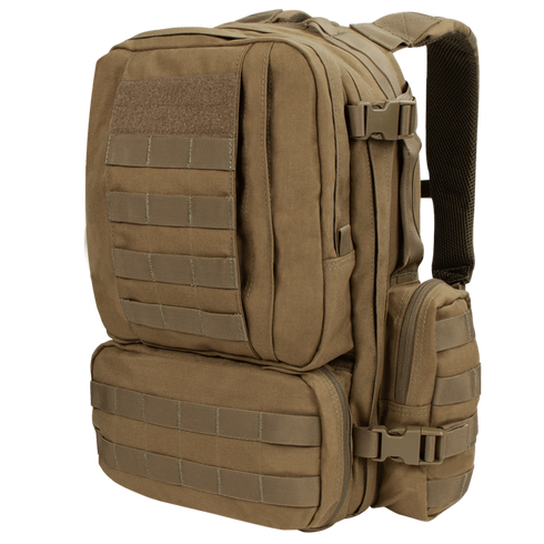 The Condor Convoy Backpack 22L is a tan tactical pack featuring multiple zippered compartments, MOLLE webbing, adjustable and padded shoulder straps—perfect for law enforcement or shooting range use—shown on a white background.