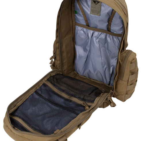 The Condor Convoy Backpack 22L is displayed open, revealing a spacious main compartment with inner pockets and a mesh zippered section on the front flap—perfect for military or law enforcement use.
