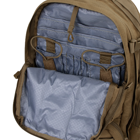 Open compartment of the Condor Convoy Backpack 22L reveals multiple interior pockets and elastic loops on a light blue lining—perfect for First Responder gear or Shooting Range essentials.