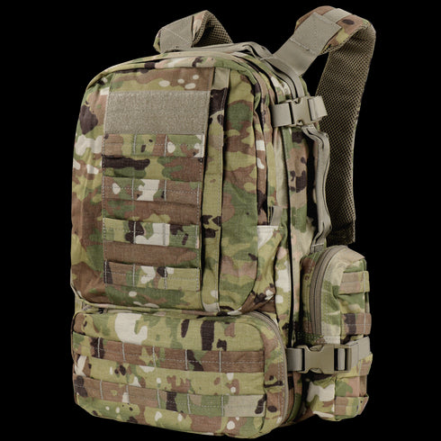 The Condor Convoy Backpack 22L in Scorpion OCP features a camouflage design, multiple compartments, adjustable straps, and MOLLE webbing for tactical versatility.