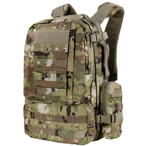 The Condor Convoy Backpack 22L in Scorpion OCP features a camouflage design, multiple compartments, adjustable straps, and MOLLE webbing for tactical versatility.